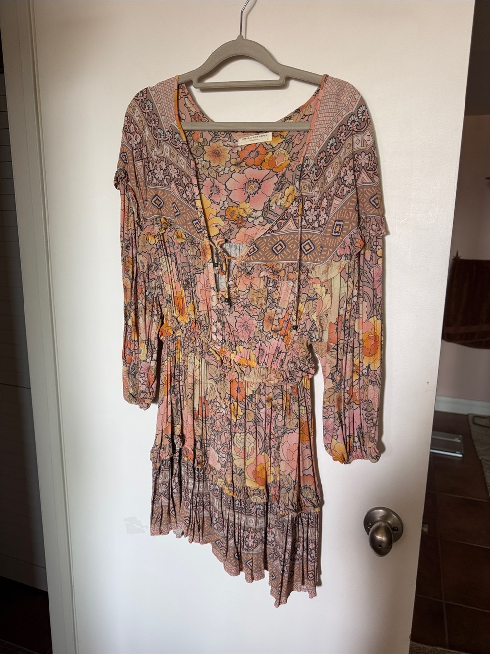 Spell Floral Boho Long Sleeve Mini Dress in Pink and Peach